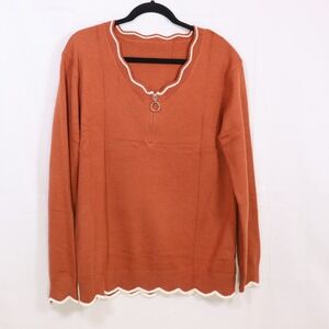 Unbranded Quarter Zip Sweater XL Rust Orange Women Scalloped Trim‎ Knit Pullover